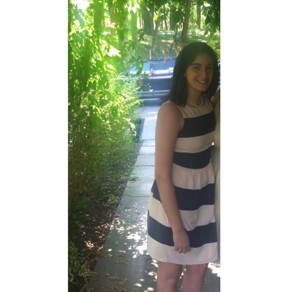 Navy blue and nude striped dress